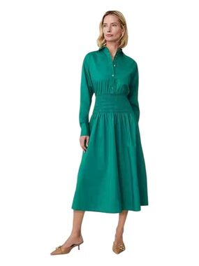 ANN TAYLOR Emerald Green Smocked Waist COTTON Flared Shirt Dress NEW